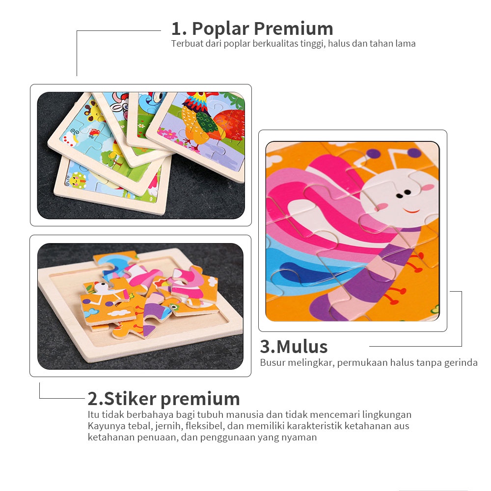 Aikoky Mainan edukasi anak puzzle kayu /Hewan kartun wooden toys