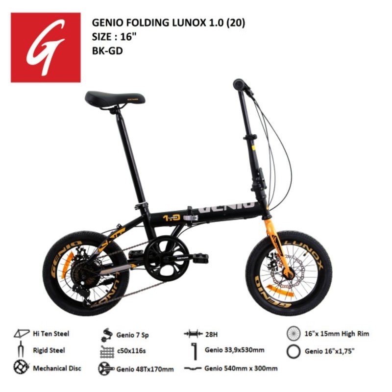 SEPEDA LIPAT GENIO LUNOX 1.0 16 INCH WARNA BLACK GOLD by UNITED