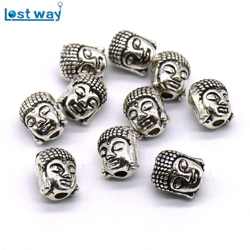 CHARMS 20pcs / Lot Manik-Manik Spacer Kepala Buddha Tibet Bahan Metal Warna Silver Ukuran 10x8mm 2mm Untuk Membuat Perhiasan