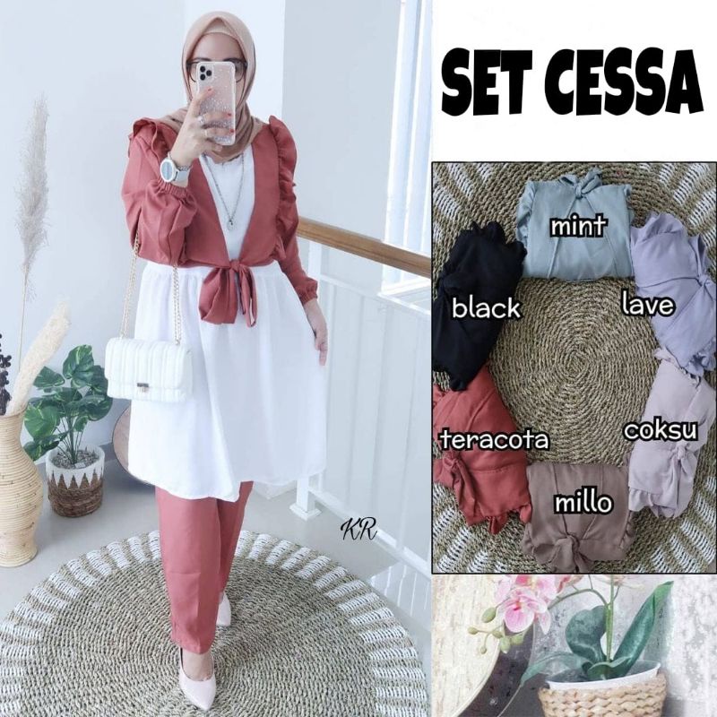 SET CELANA FASHION CESSA 3in1, MOSCREPE PREMIUM, GAMIS HIJAB MUSLIM, OUTER SETELAN