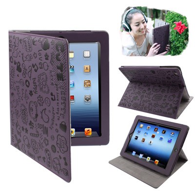 CUTE DOODLE LEATHER CASE IPAD 2 / 3 / 4 PURPLE