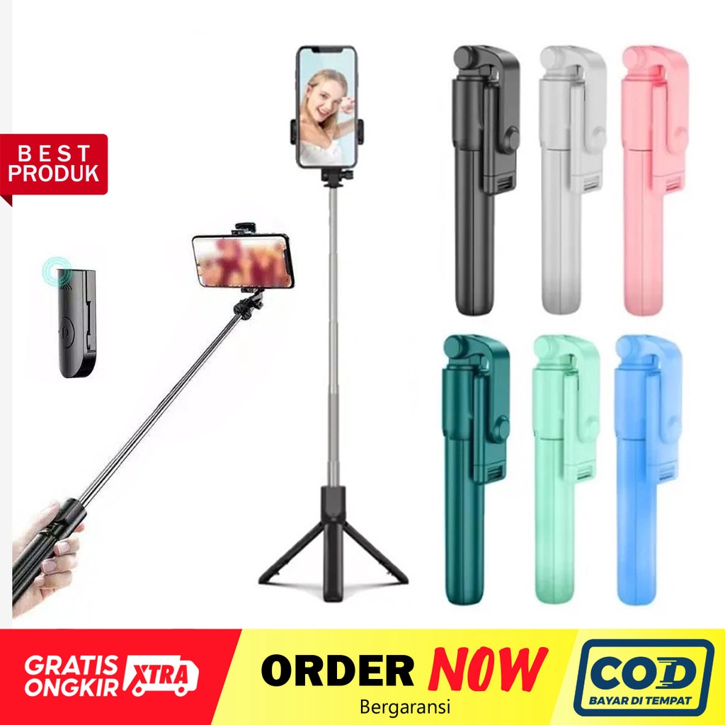 Tripod bluetooth + tongsis hp + remot control wireless live stream selfie stick R1S 3in1 holder kamera camera handphone