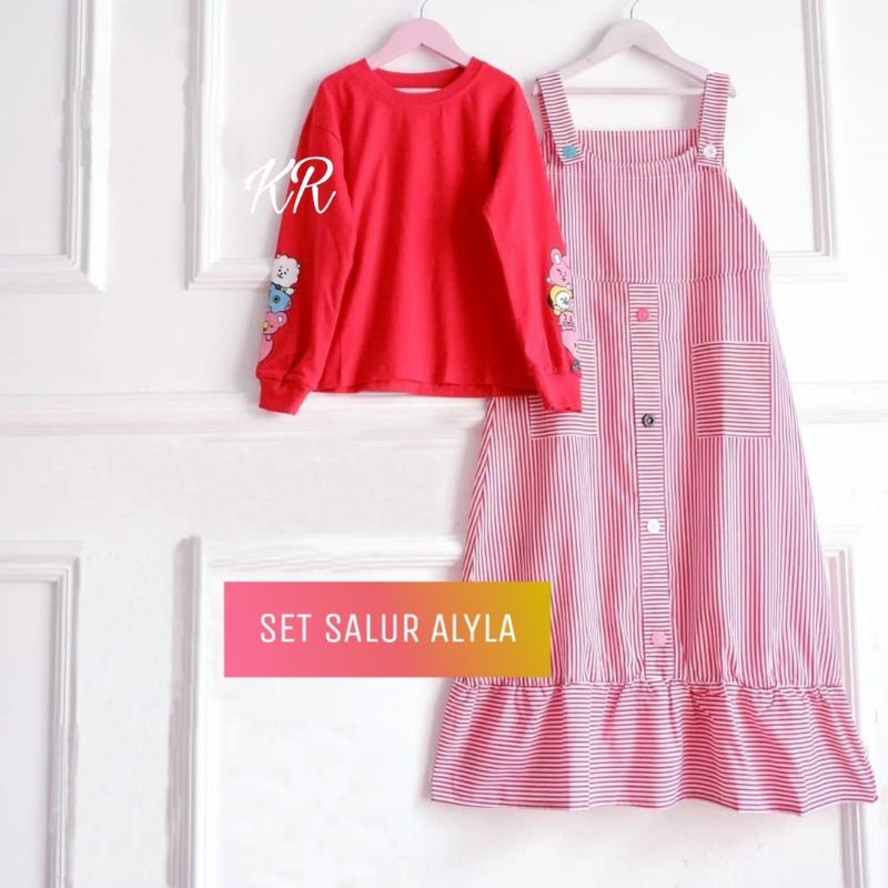 Pakaian muslim anak perempuan / Set Alyla 2in1 Kid /set gamis overall kodok salur / gamis anak remaj