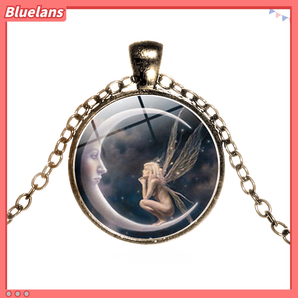 Bluelans Vintage Women Moon Angel Cabochon Glass Pendant Sweater Chain Necklace Jewelry