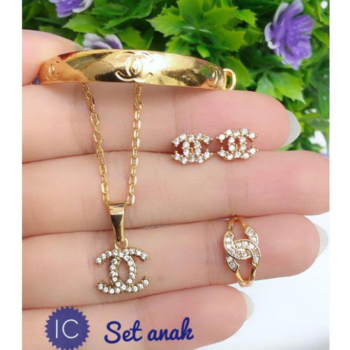 (NOV) Set Perhiasan ANAK Lapis Emas Xuping Gelang Kalung Cincin Anting Permata Chanel Gold Titanium
