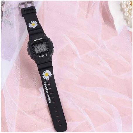 JAM TANGAN DIGITAL WANITA MOTIF BUNGA KOREA STYLE RUBBER-Bunga hitam