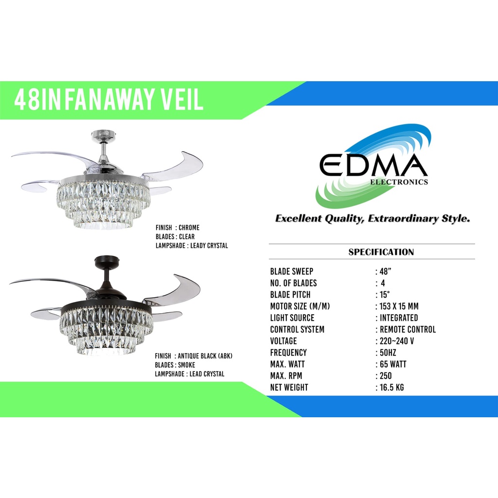 MT EDMA 48IN Fanaway Veil Kipas Angin Gantung Dengan Crystal Dan Lampu Serta Remote Kontrol