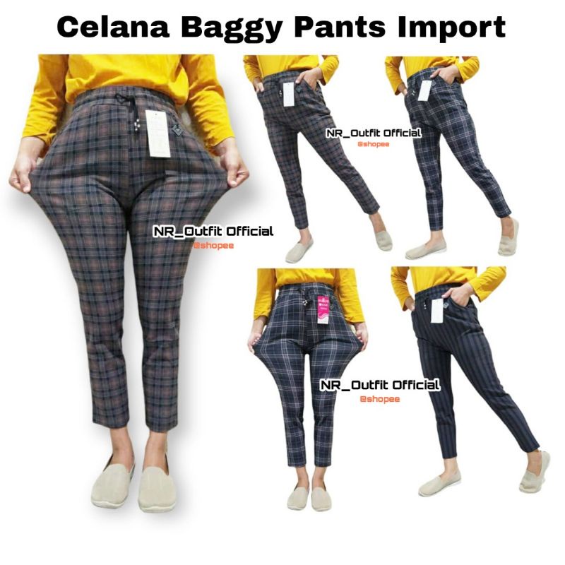 Celana Baggy Pants Wanita Motif Kotak-Kotak &amp; Salur Import Bahan Stretch Melar Fit To 3XL-4XL