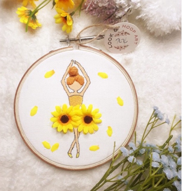 Dekorasi Dinding Hoop Art Sunflower Girl/Hiasan Dinding Hoop Art/Embroidery Hoop Art