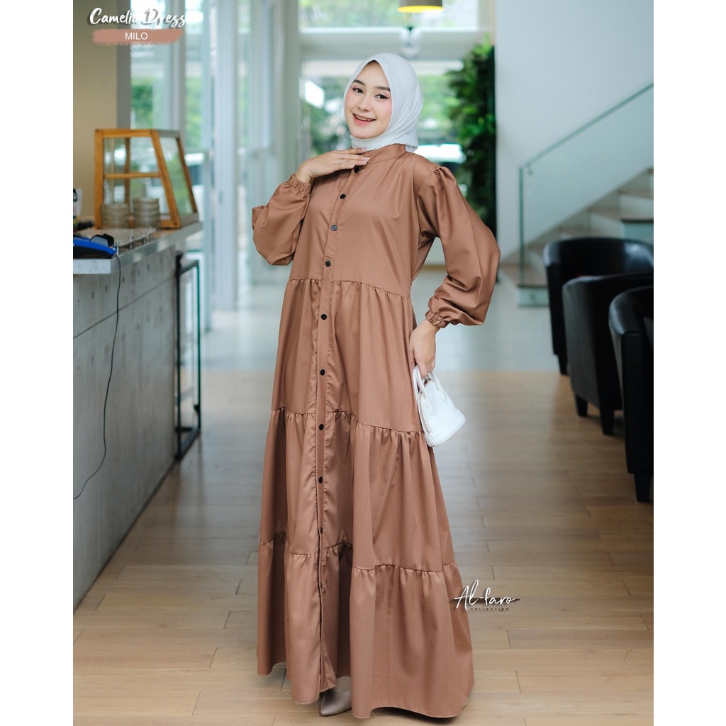 Gamis Toyobo kancing camelia ori alfaro katun jepang adem rempel Ruffle serut kerut saku busana muslim