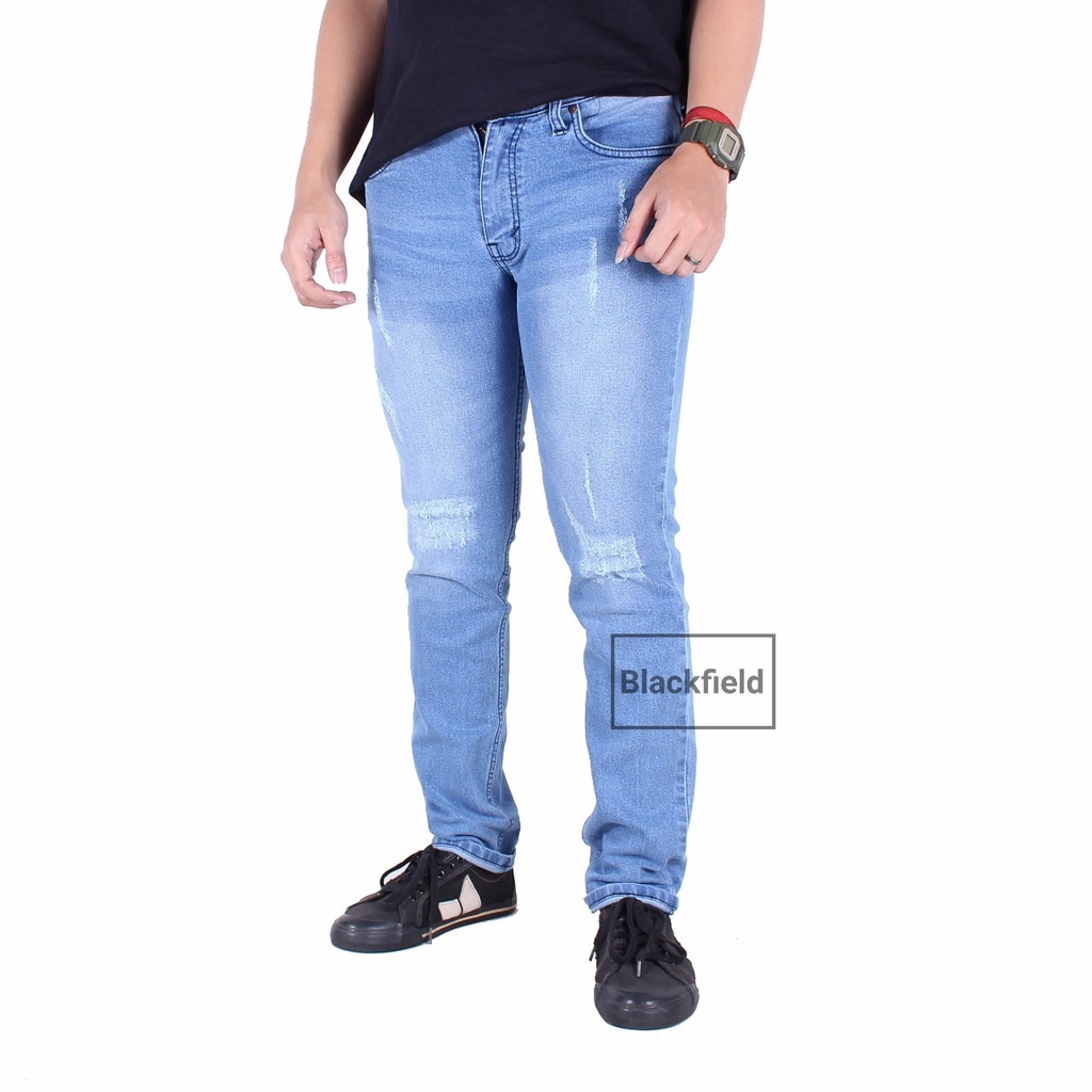 Celana Jeans Sobek Pria Panjang Slim Fit / Celana Denim Cowok Riped Lutut