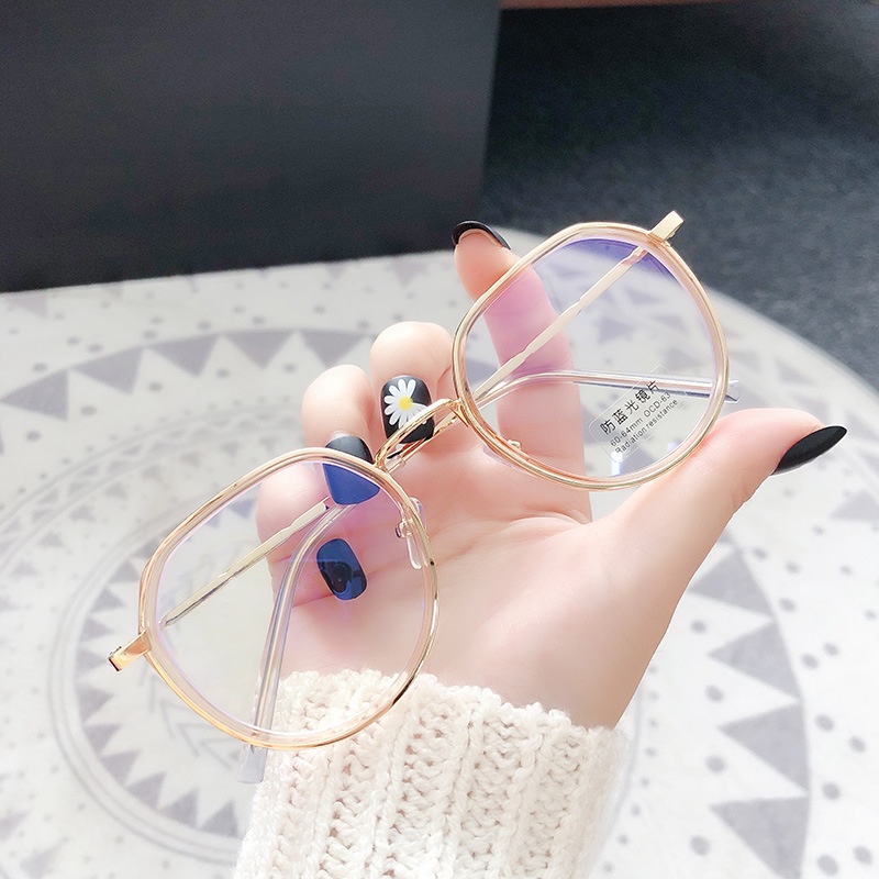 (JIUERBA)COD Bersih Frame Kacamata Anti Radiasi Wanita Kacamata Korea Fashion Gaya Oversize Kaca Mata Komputer-BULAT-C3 TEA-GOLD
