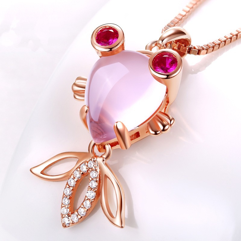 [Ready Stock]Fashion Rose Gold Plated Pink Crystal Goldfish Pendant Clavicle Chain