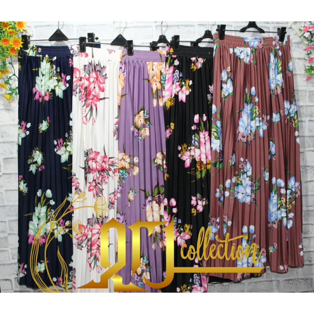 Rok Plisket Import Motif Bunga holly