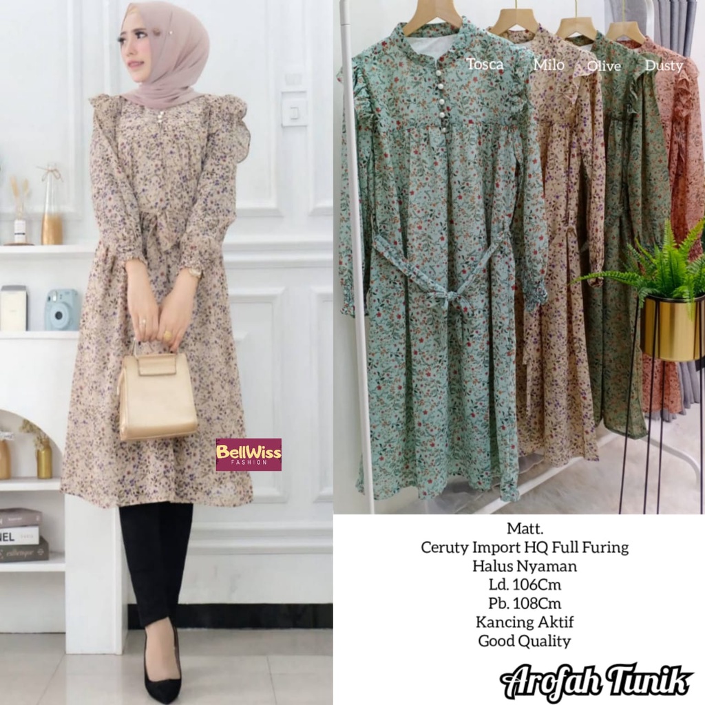 AROFAH TUNIK / 21.6 / BAHAN CERUTY / FULL FURING / LD 106 CM / PB 108 CM / BUSUI / BELLWIS