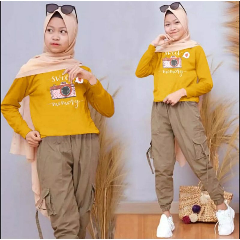 setelan anak perempuan kamera sweet memory 9 10 11 12 tahun empat variant warna - Lets_shop31-Mustard
