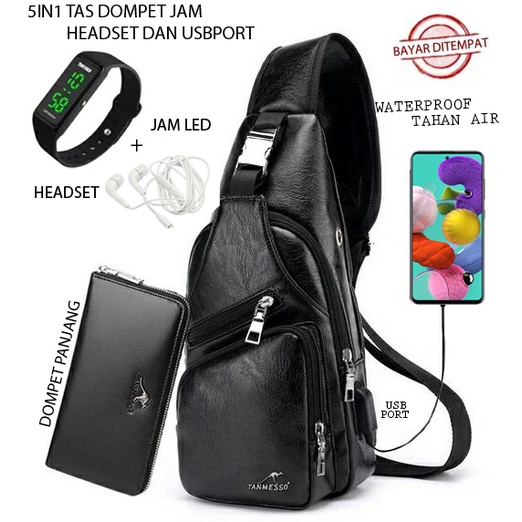 TANMESSO 5IN1 BAYAR DITEMPAT-BONUS JAM LED,DOMPET &amp; USBPORT&amp;HEADSET-- TAS SELEMPANG PRIA