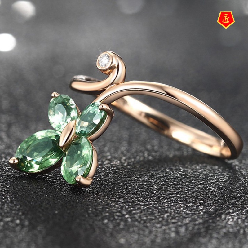 [Ready Stock]Rose Gold Green Crystal Butterfly Ring Simple Elegant Temperament