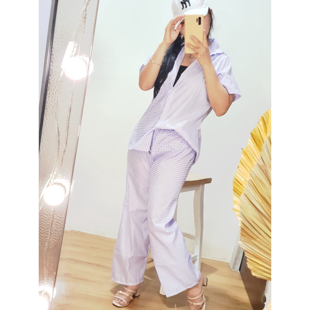 DAILY SET RAYON tiedye- HOMEY SET FIT Xl - PAJAMA SET RAYON -  PIYAMA RAYON-salur kotak lilac