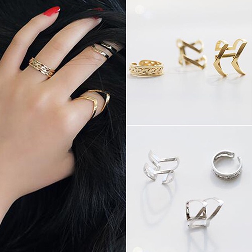 Hu Hu Hu Hu Hu Alat Bantu Pasang Kacamata♡ 3pcs / Set Cincin Knuckle Midi Model Terbuka Desain Panah Hollow Untuk Wanita