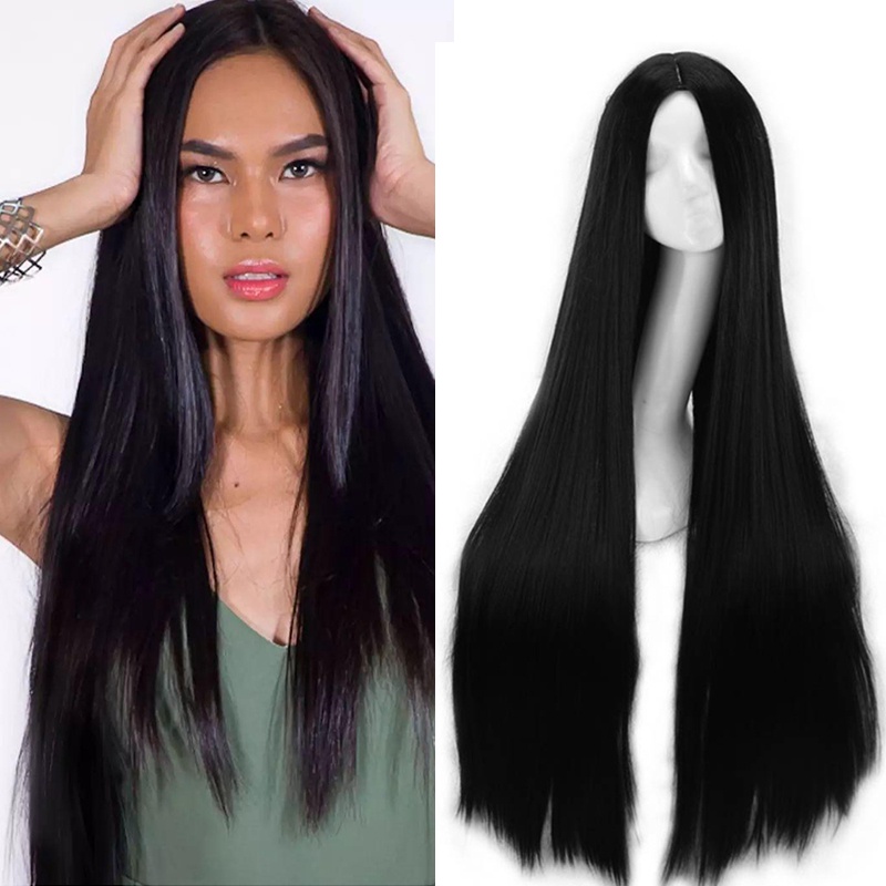 Wig / Rambut Palsu Wanita Model Panjang Lurus 70cm Warna Hitam Untuk Cosplay