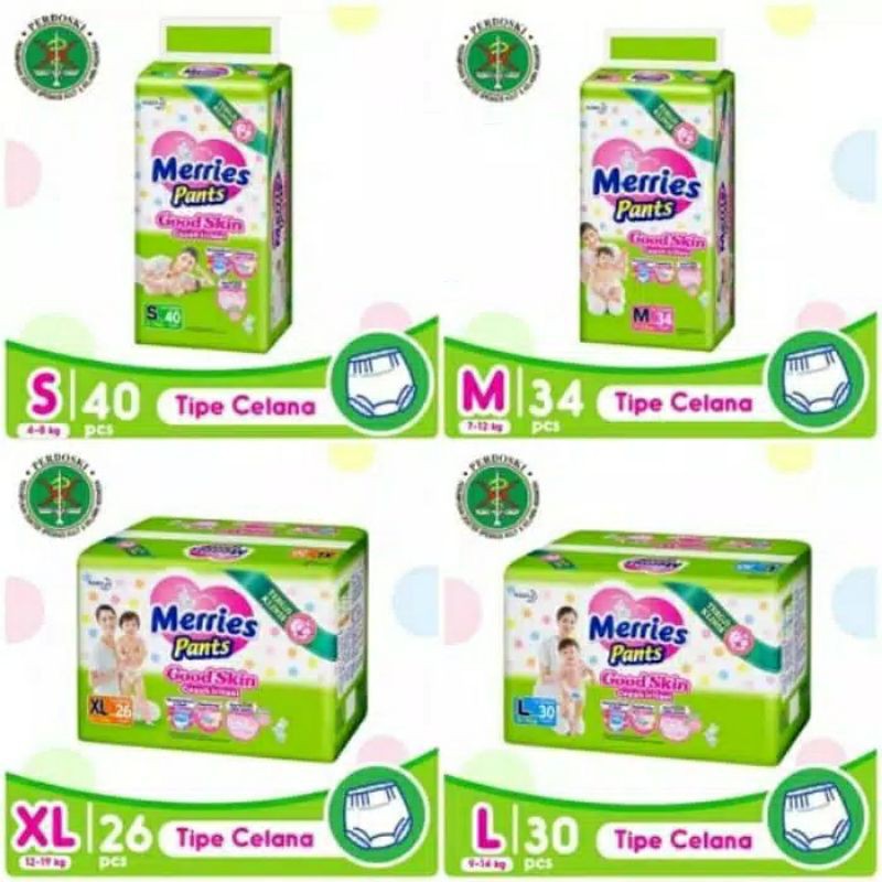 Popok Merries Pants Good Skin Diapers Celana Bayi NB S40 / XL26 / M34 / L30 Semua Ukuran