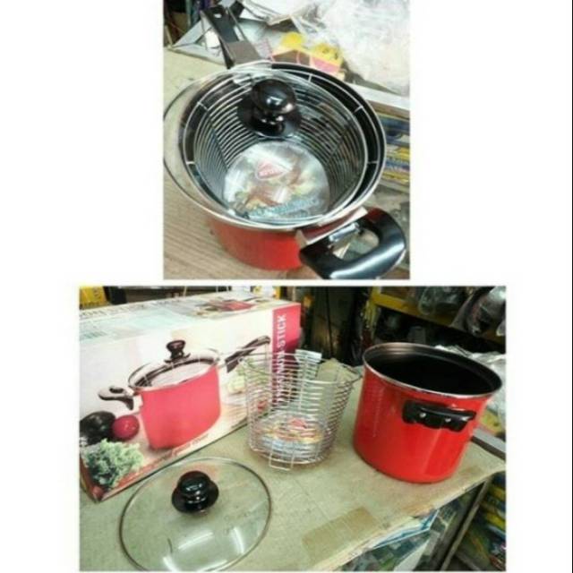 Deep fry panci teflon frier non stick Maslon 18 cm fryer dengan saringan kentang dan tutup kaca