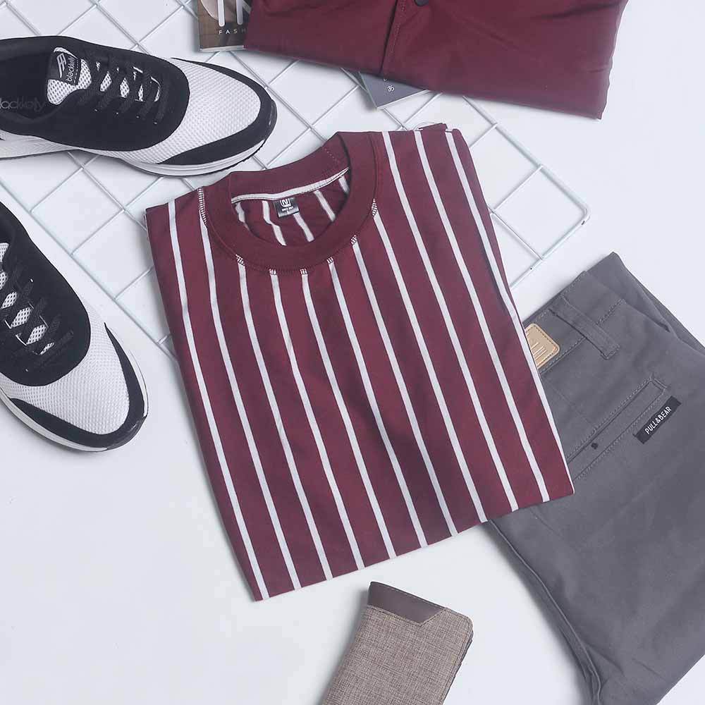 Kaos Salur Pria Dewasa Katun Combed 30S Lengan Pendek Baju Blaster Distro Oblong Stripe Motif Garis-garis Tanpa Kerah M L XL Vertikal Horizontal