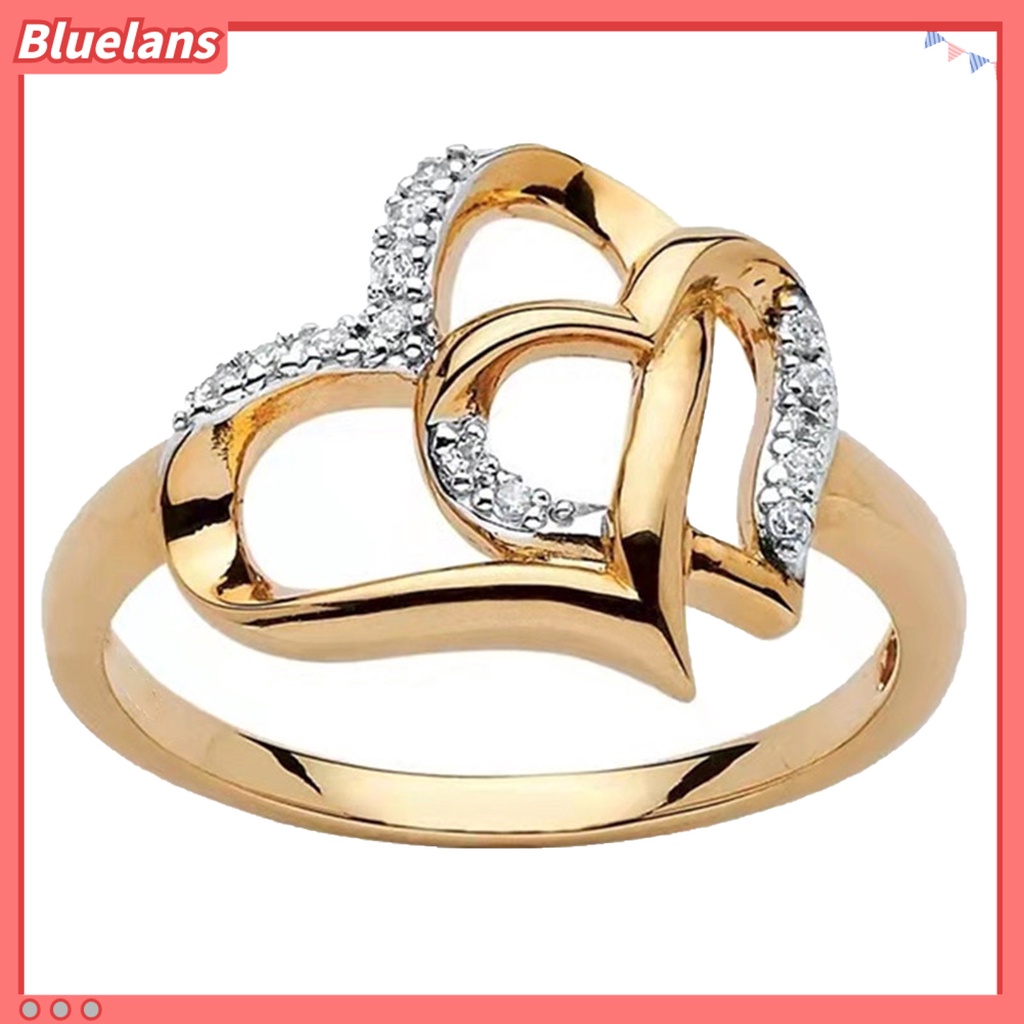 Bluelans Cincin Berlian Imitasi Bentuk Hati Ganda Model Hollow Bahan Alloy Untuk Wanita