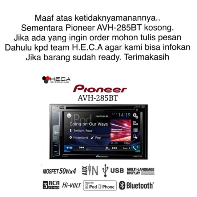 Head Unit Double Din PIONEER AVH-285BT (Bluetooth) ORIGINAL dan BERGARANSI RESMI