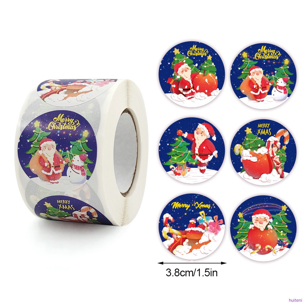 500pcs / Roll Stiker Kertas Motif Santa Claus Tema Natal Bentuk Bulat Untuk Kotak Hadiah