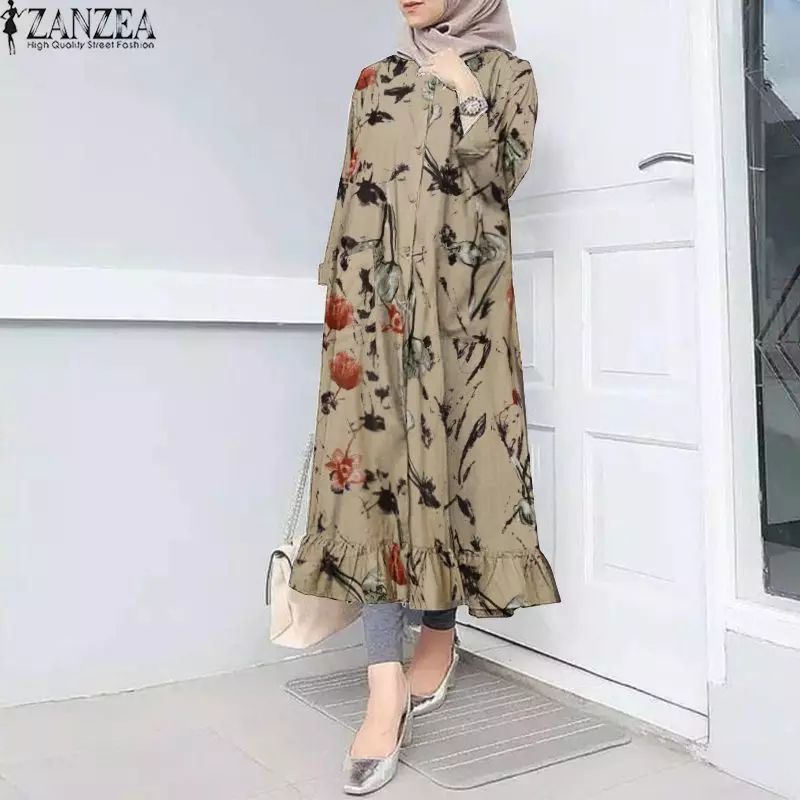 ZANZEA Kemeja wanita tunik motif bunga print jumbo S-5XL