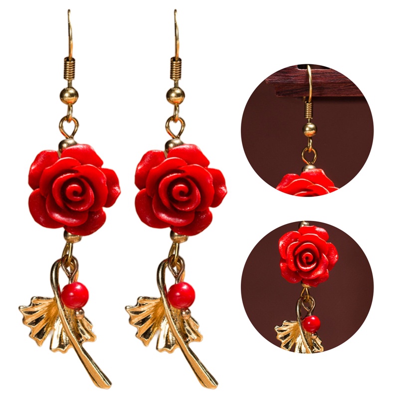 Anting Tusuk Gantung Desain Bunga Mawar Merah Hias Berlian Imitasi Vintage Untuk Wanita