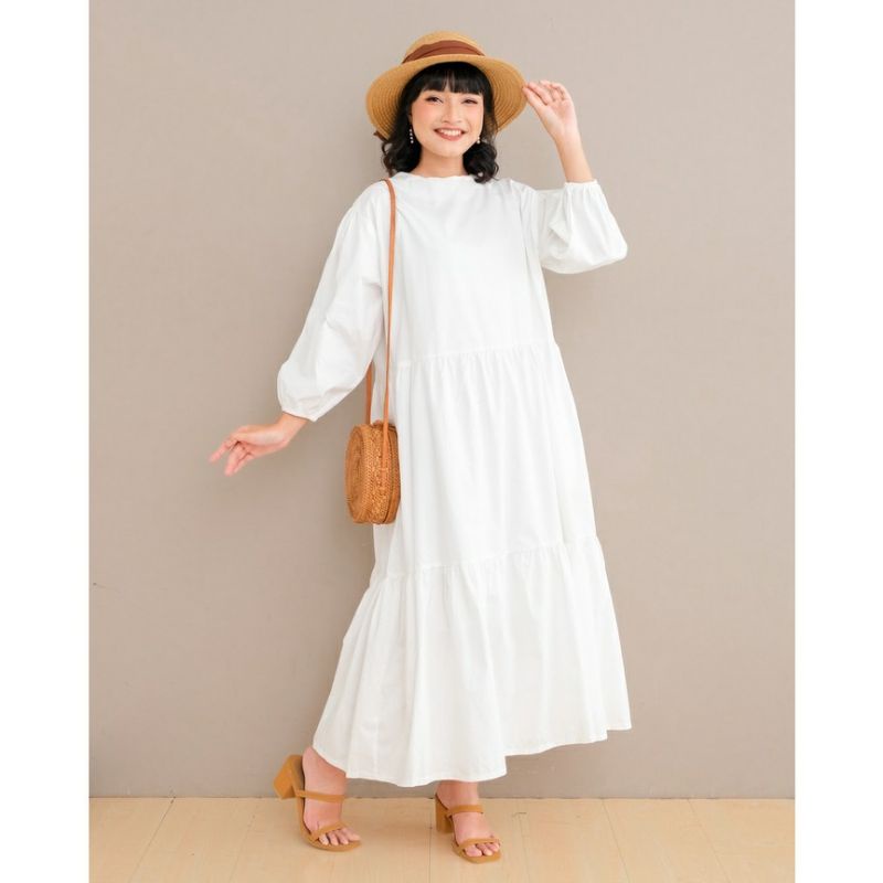 LONG DRESS PUTIH POLOS WHITE DRESS MIDI BASIC SIMPLE BOHO HV