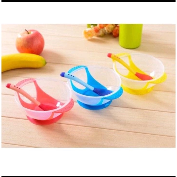 Mangkok Bayi MPASI Silicone Dengan Sensor Panas, Anti Slip, Anti Tumpah, Mangkok Bubur MPASI Anak Set Sendok Makan, Mangkok Tempat Makan