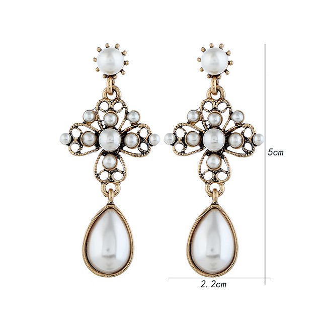 LRC Anting Tusuk Fashion Gold Tassel Drop Pearl Earrings F49280