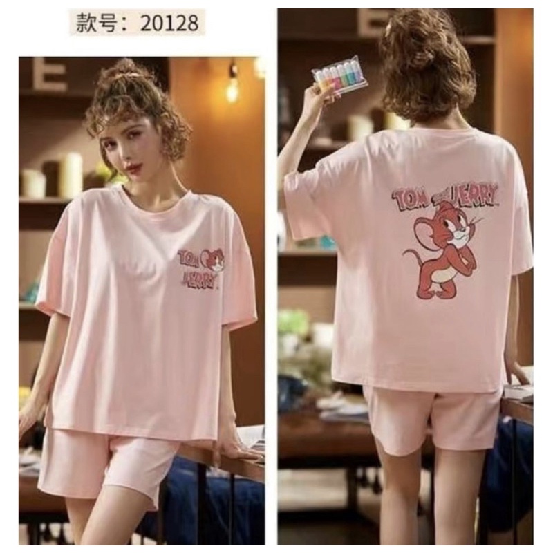 PIYAMA WANITA KAOS KATUN IMPORT BAJU TIDUR PREMIUM SETELAN HOTPANTS PINK BIG SIZE TOM &amp; JERRY HK