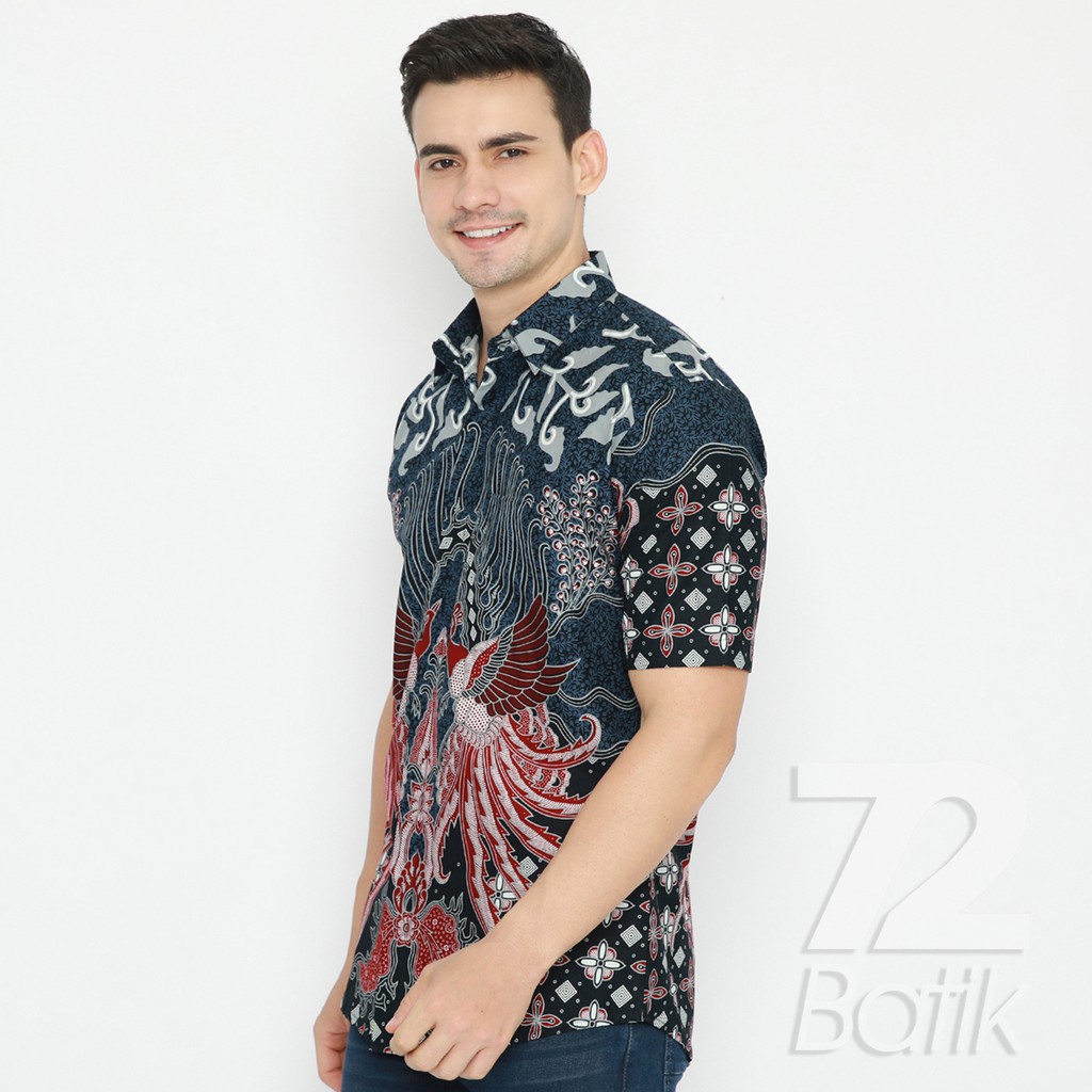 KEMEJA BATIK PRIA Alonso Lengan Pendek Slimfit Premium Biru Dongker Merah Abu 723019 Cap 72 - Baju Kemeja Atasan Pakaian Setelan Batik Pria Cowok Laki Laki Remaja Keluarga Kantor Lengan Pendek Modern Slimfit Slim Fit Premium Kekinian