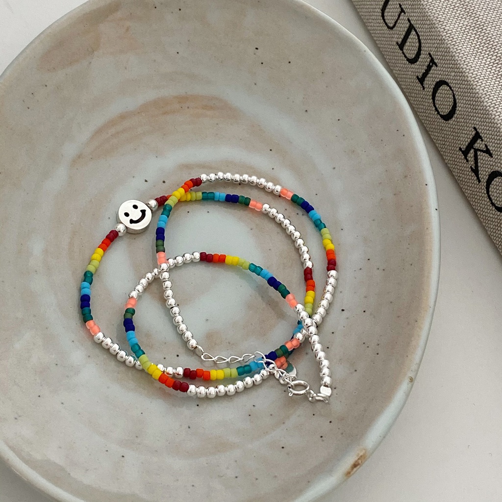 Kalung Rantai Klavikula Desain Smiley Warna Pelangi Untuk Aksesoris