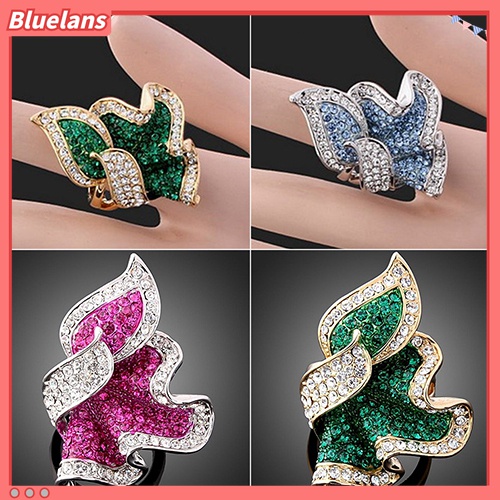 Cincin Wanita Lapis Emas 9K Bentuk Daun Aksen Kristal Dan Berlian Imitasi Untuk Hadiah