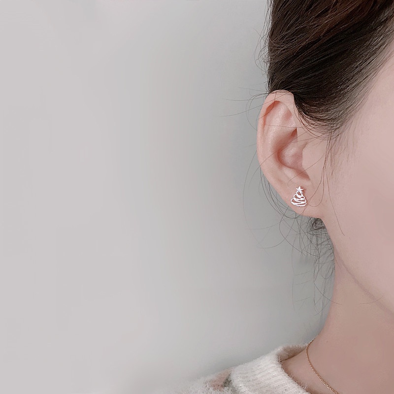 1 Pasang Anting Stud Desain Pohon Natal Mini Bahan S925 Silver Anti Alergi Untuk Hadiah