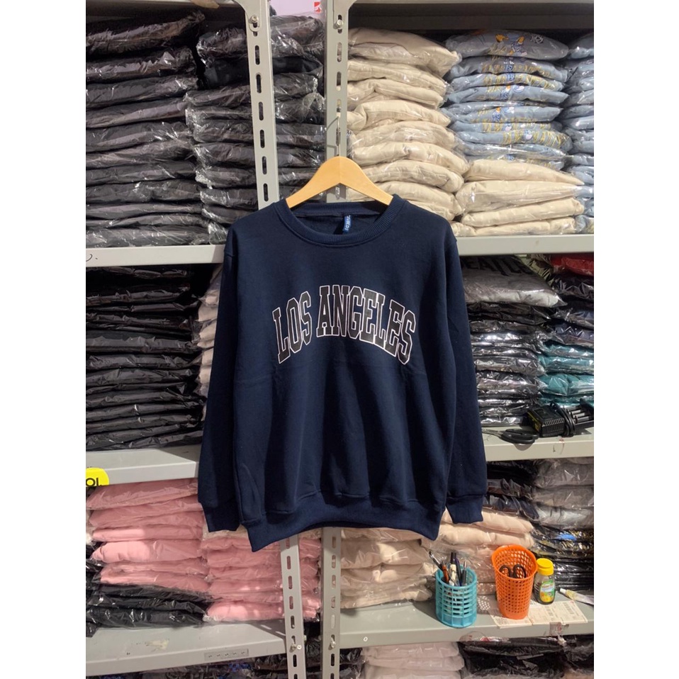 ( 8.8 ) Crewneck Sweatshirt H&amp;M Unisex Sablon Los Angeles Navy Biru Dongker, Flecee Katun Lembut Tebal, Free Papperbag