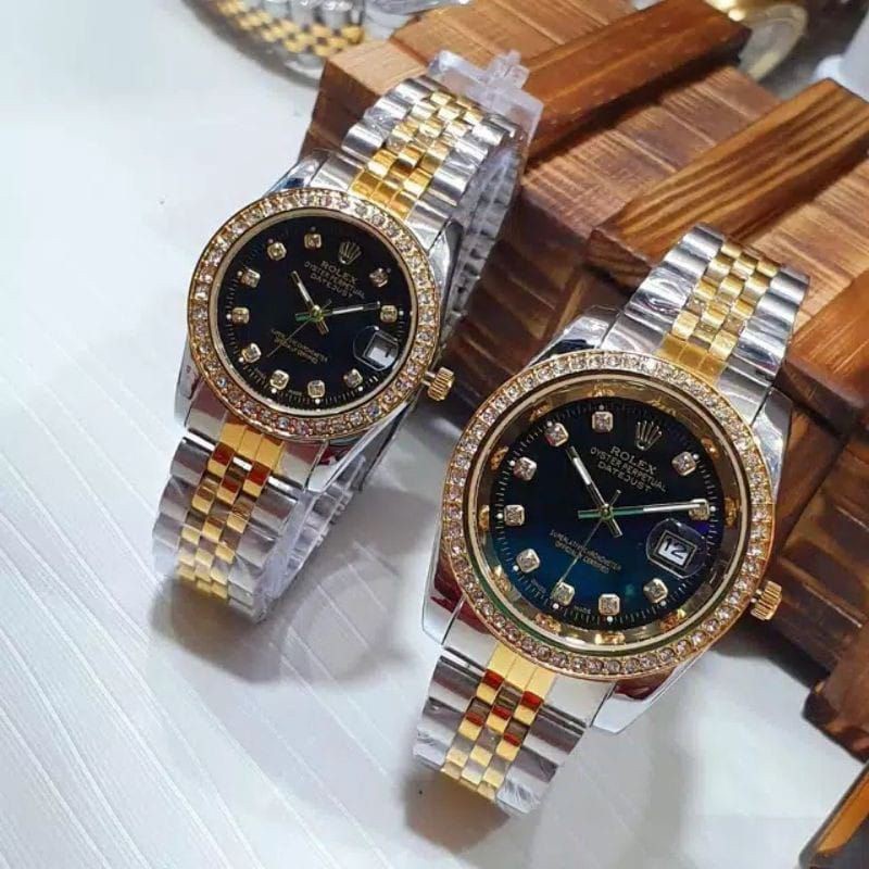 Jam Tangan Couple Rolex Case Diamond Premium D414 Anti Air Tanggal Aktif Free Box Rolex &amp; Baterai Cadangan