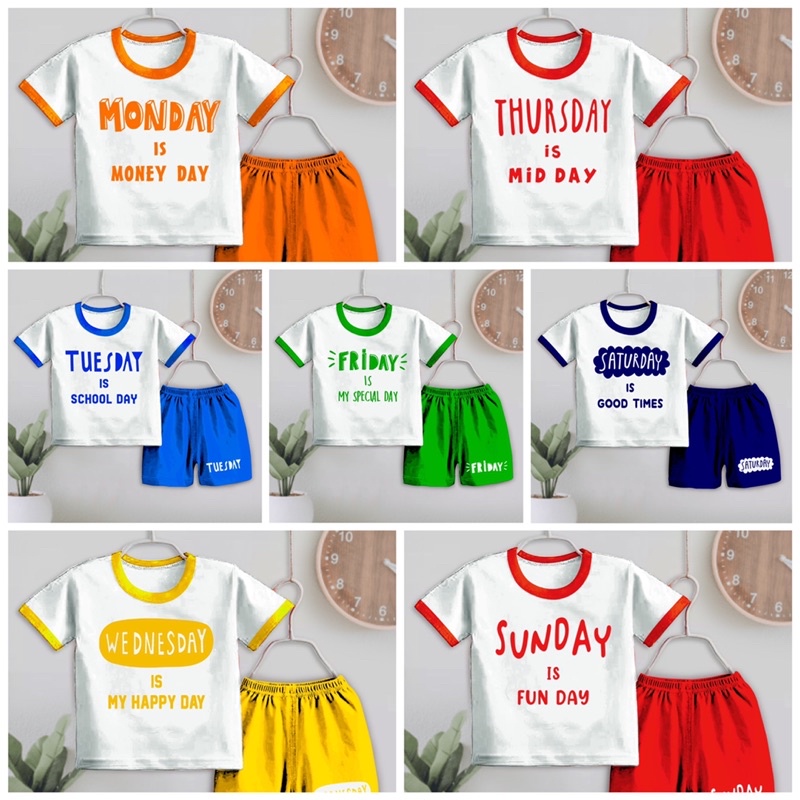 SETELAN ANAK KARAKTER TULISAN HARI MONDAY-SUNDAY/SETELAN ANAK UNISEX KARAKTER TULISAN HARI ALL SIZE 6-12 BULAN