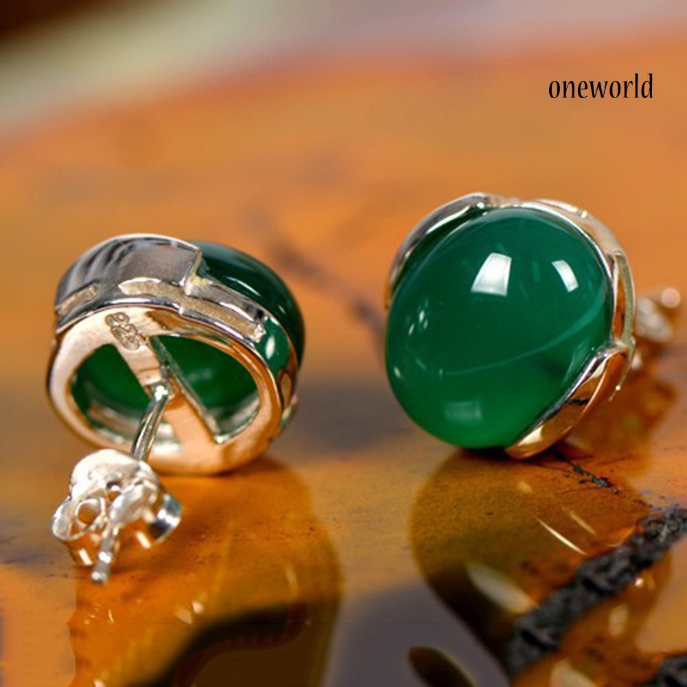 OW@ Fashion Women Natural Green Agate Stone Inlaid Plated Stud Earrings Jewelry Gift