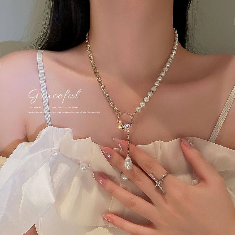 Kalung Rantai Dengan Liontin Butterfly Ring Lock Harta Karun Labu Aksen Mutiara Bahan Alloy Untuk Wanita