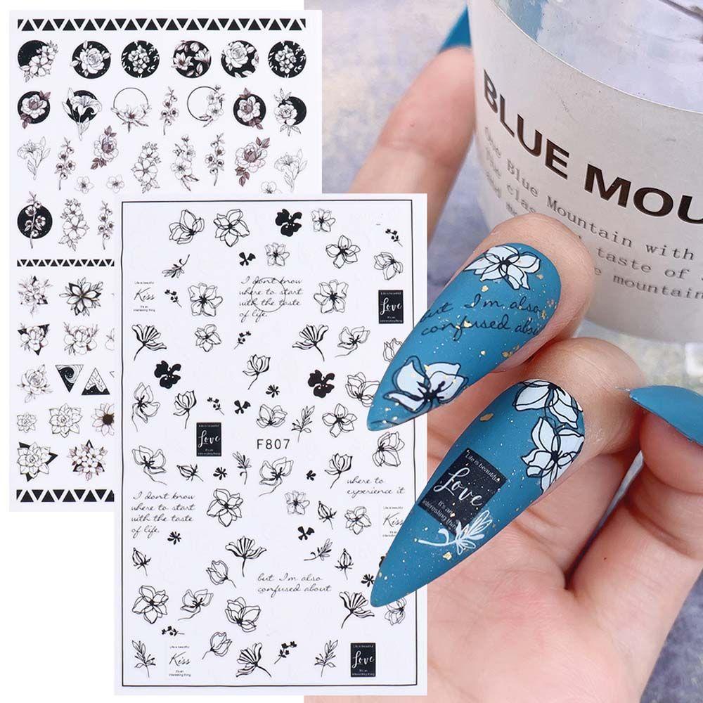 AUGUSTINA Agustin 3D Stiker Kuku Musim Gugur Musim Dingin Cat Air Geometri Daun Bunga Karakter Wajah DIY Nail Art