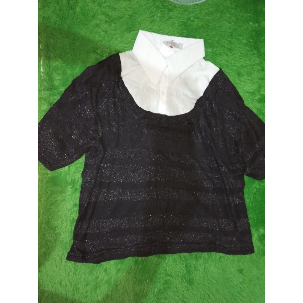 baju atasan wanita kemeja kerah putih kombinasi rajut bling-bling hitam lengan pendek sisa import