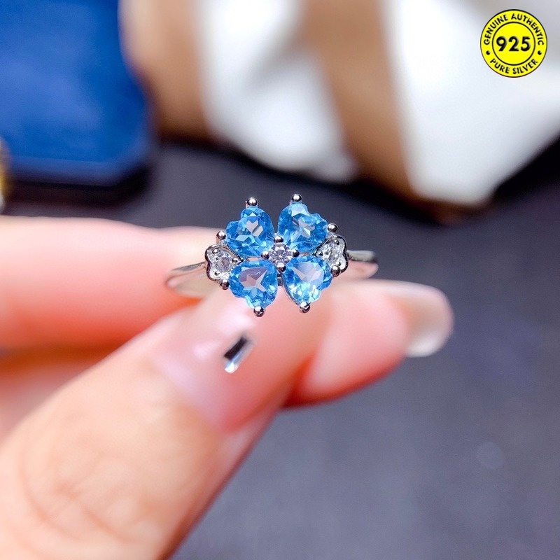 Cincin Wanita Model Terbuka Bentuk Clover Dengan Batu Topaz Biru Muda