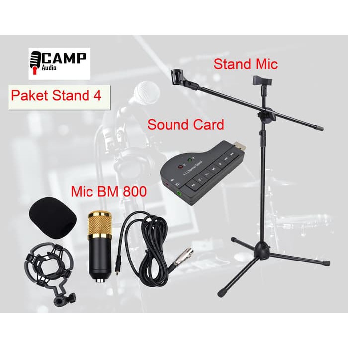 Mic BM 800 + stand mic berdiri + USB sound card . - Hitam